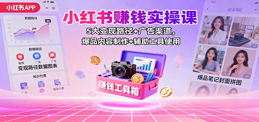小红书赚钱实操课：5大变现路径+广告渠道，爆品内容制作+辅助工具使用-御文网