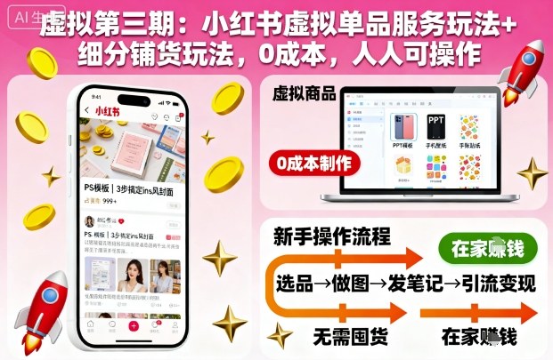 虚拟第三期：小红书虚拟单品服务玩法+细分铺货玩法，0成本，人人可操作(更新)-御文网