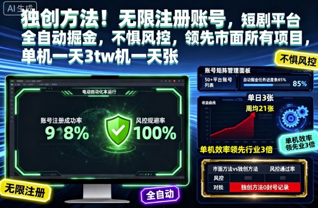 独创方法！无限注册账号，短剧平台全自动掘金，不惧风控，领先市面所有项目，单机一天3张【揭秘】-御文网