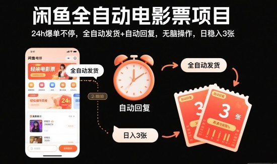 闲鱼全自动电影票项目，24h爆单不停，全自动发货+自动回复，无脑操作，日稳入3张【揭秘】-御文网