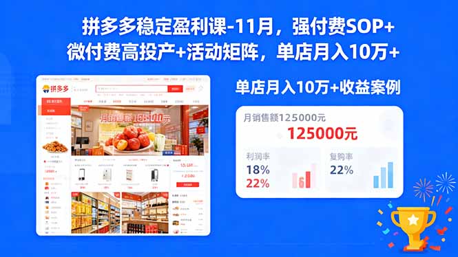 拼多多稳定盈利课-11月，强付费SOP+微付费高投产+活动矩阵，单店月入10万+-御文网