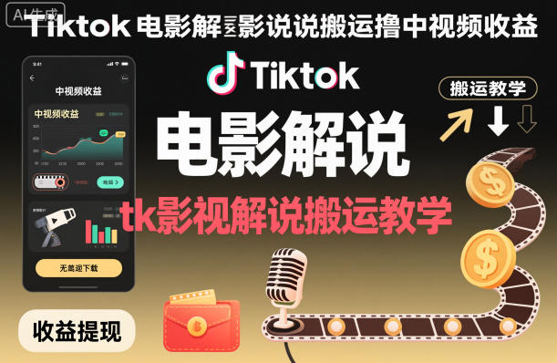 Tiktok电影解说搬运撸中视频收益，tk影视解说搬运教学-御文网