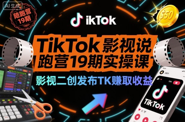 TikTok影视解说陪跑营19期实操课，影视二创发布TK賺取收益，万播收益50美金-御文网