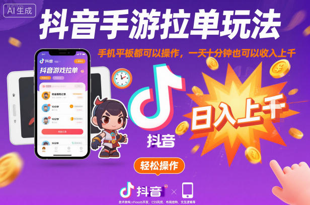 抖音手游拉单玩法，手机平板都可以操作，一天十分钟也可以收入上K【揭秘】-御文网