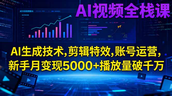 AI视频全栈课:AI生成技术,剪辑特效,账号运营,新手月变现5000+播放量破千万-御文网
