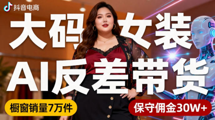 抖音小众赛道,大码女装AI反差带货,不用直播,每天6条作品,橱窗卖7万件,保守佣金30W+-御文网