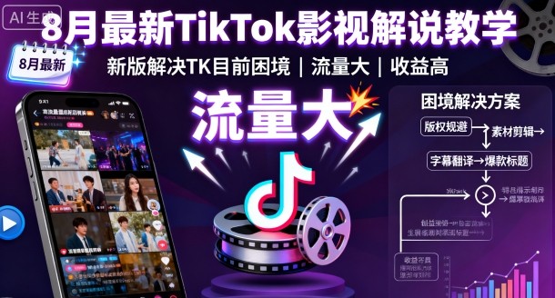 8月最新TikTok影视解说教学，新版解决TK目前困境，流量大，收益高-御文网
