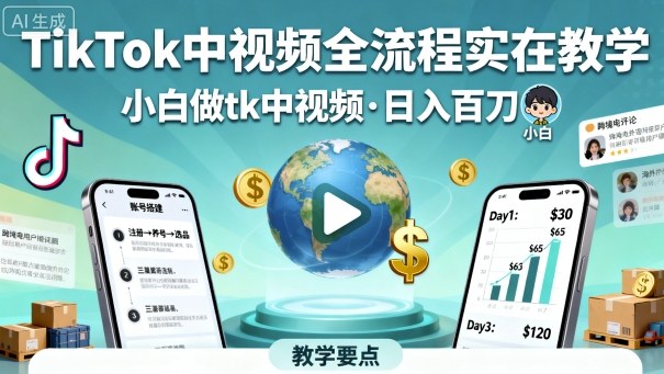 TikTok中视频全流程实操教学，小白做tk中视频，日入百刀-御文网