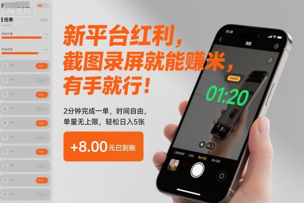 新平台红利，截图录屏就能賺米，有手就行！2分钟完成一单，时间自由，单量无上限，轻松日入5张【揭秘】-御文网