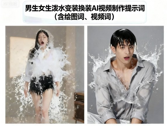 男生女生泼水变装换装AI视频制作提示词(含绘图词、视频词)-御文网