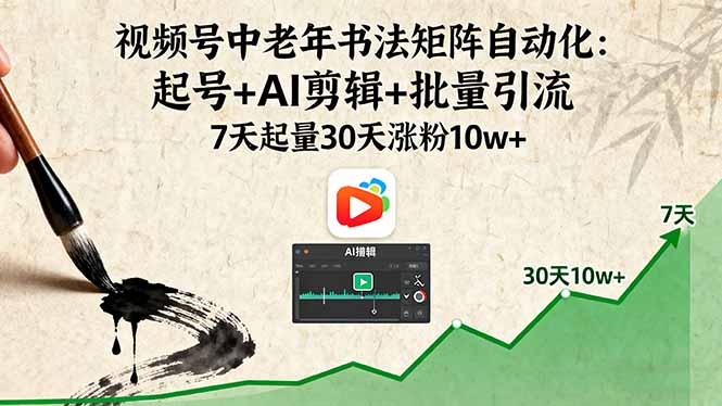 视频号中老年书法矩阵自动化：起号+AI剪辑+批量引流 7天起量30天涨粉10w+-御文网