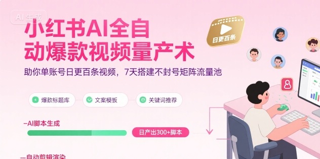 小红书AI全自动爆款视频量产术，助你单账号日更百条视频，7天搭建不封号矩阵流量池(更新9月)-御文网