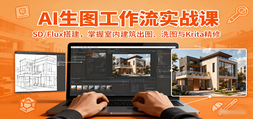 AI生图工作流实战课：SD/Flux搭建，掌握室内建筑出图、洗图与Krita精修-御文网