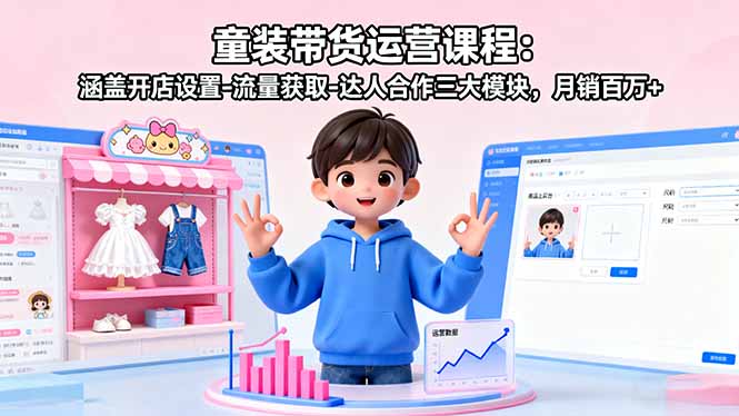 童装带货运营课程：涵盖开店设置-流量获取-达人合作三大模块，月销百万+-御文网