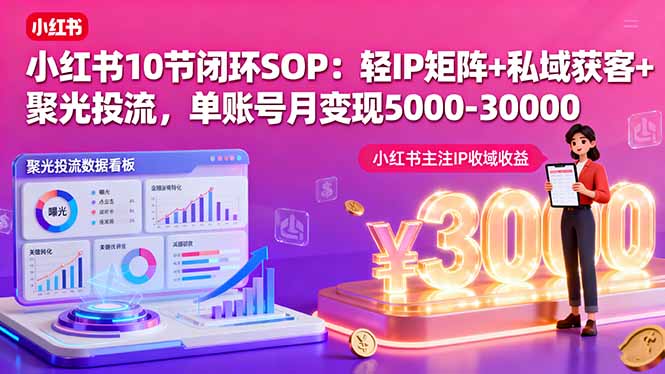 小红书10节闭环SOP：轻IP矩阵+私域获客+聚光投流，单账号月变现5000-30000-御文网