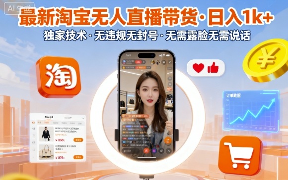 最新淘宝无人直播带货，日入1k+，独家技术，无违规无封号，无需露脸无需说话【揭秘】-御文网