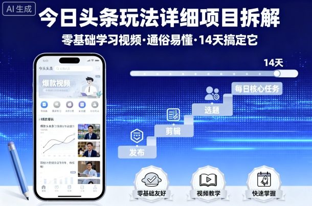 今日头条玩法详细项目拆解，零基础学习视频 通俗易懂 14天搞定它-御文网