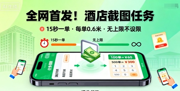 全网首发！酒店截图任务，15秒一单，每单0.6米，任务无上限不设限，矩阵操作单日3张到手【揭秘】-御文网