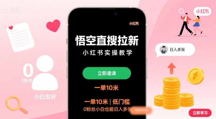 悟空直搜拉新小红书实操教学，一单10米，低门槛，0粉丝小白也能日入多张-御文网