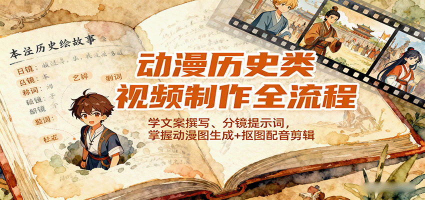 动漫历史类视频制作全流程，学文案撰写、分镜提示词，掌握动漫图生成+抠图配音剪辑-御文网