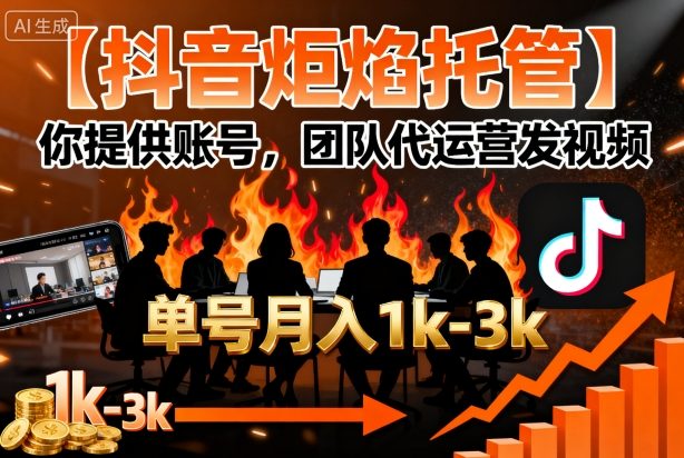 【抖音炬焰托管】你提供账号，团队代运营发视频，单号月入1k+【揭秘】-御文网
