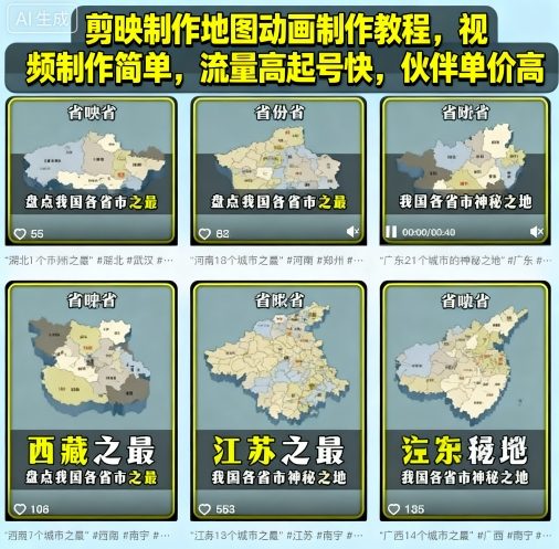 剪映制作地图动画制作教程，视频制作简单，流量高起号快，伙伴单价高-御文网