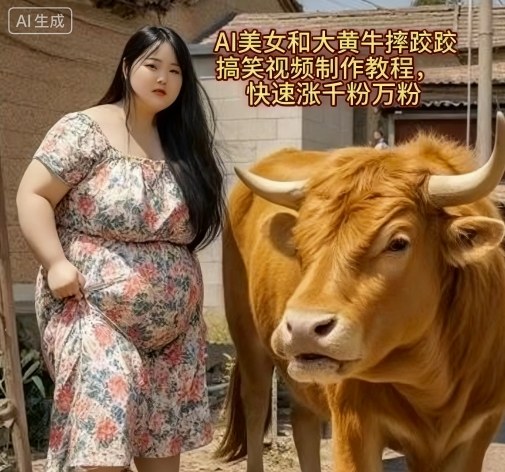 AI美女和大黄牛摔跤搞笑荒诞视频制作教程，快速涨千粉万粉-御文网