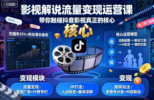 影视解说流量变现运营课，带你触碰抖音影视真正的核心-御文网