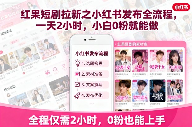 红果短剧拉新之小红书发布全流程,一天2小时,小白0粉就能做-御文网