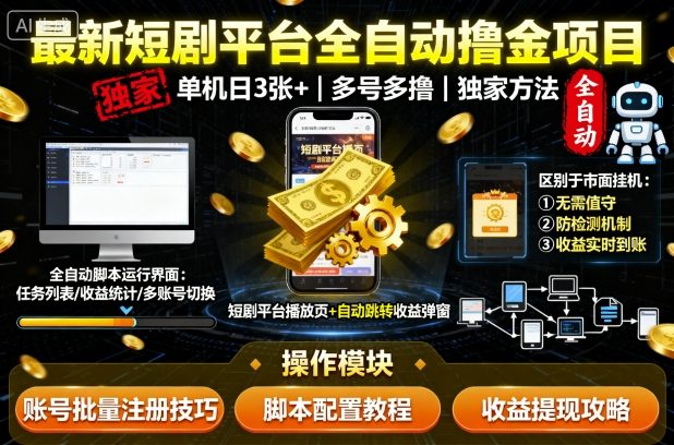 最新短剧平台全自动挂G撸金项目，单机一天3张+，多号多撸，区别于市面所有挂机项目，独家方法【揭秘】-御文网