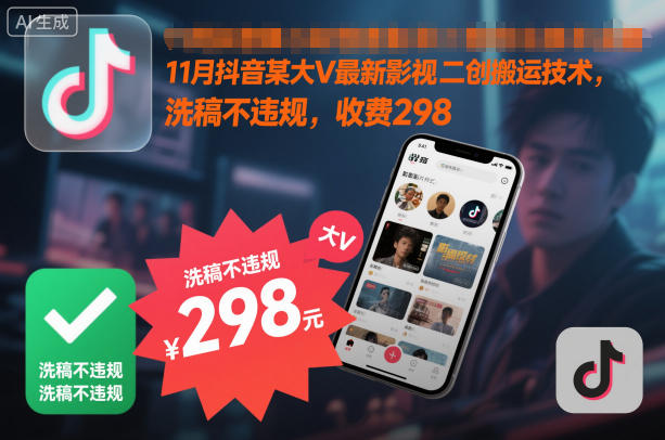 11月抖音某大V最新影视二创搬运技术，洗稿不违规，收费298-御文网