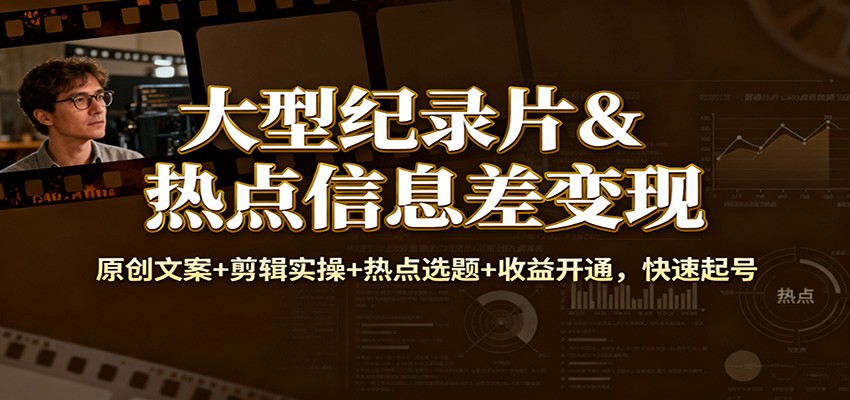 大型纪录片&热点信息差变现：原创文案+剪辑实操+热点选题+收益开通，快速起号-御文网