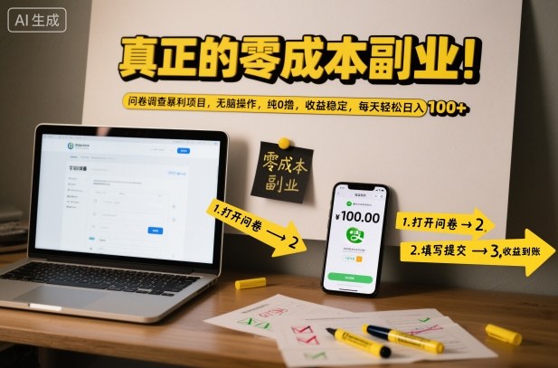 真正的零成本副业！问卷调查暴利项目，无脑操作，纯0撸，收益稳定，每天轻松日入100+【揭秘】-御文网