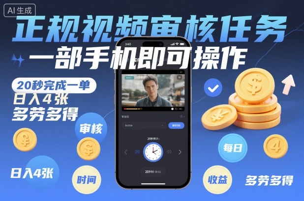 正规视频审核任务，一部手机即可操作，20秒完成一单，日入4张，多劳多得【揭秘】-御文网