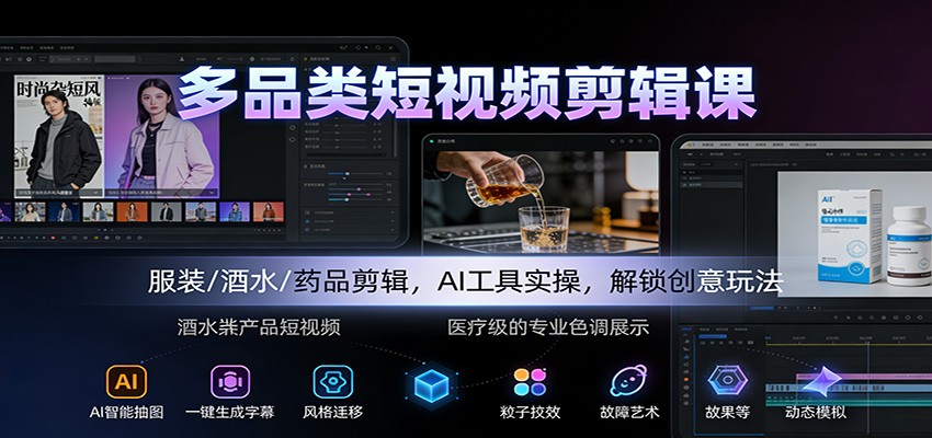 多品类短视频剪辑课：服装/酒水/药品剪辑，AI工具实操，解锁创意玩法-御文网