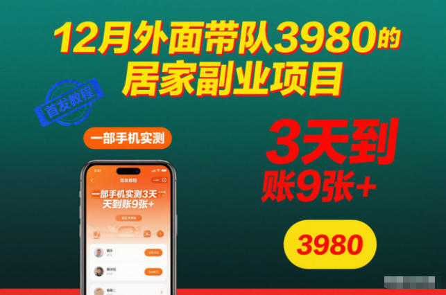 12月外面带队3980的居家副业项目，一部手机实测3天到账9张+，首发教程【揭秘】-御文网