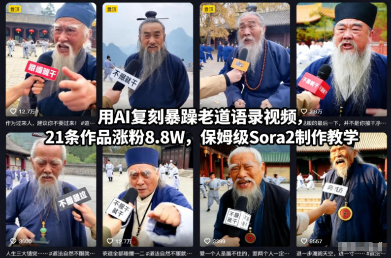 用AI复刻暴躁老道语录视频，21条作品涨粉8.8W，保姆级Sora2制作教学-御文网