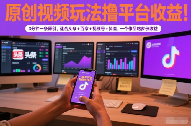 原创视频玩法撸平台收益，3分钟一条原创，适合头条+百家+视频号+抖音，一个作品吃多份收益-御文网