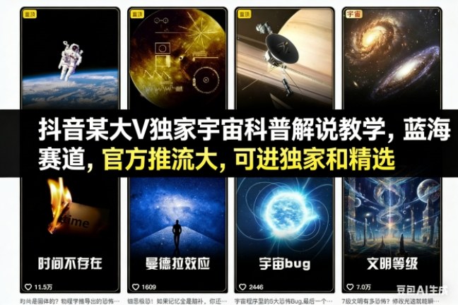 抖音某大V独家宇宙科普解说教学，蓝海赛道，官方推流大，可进独家和精选-御文网