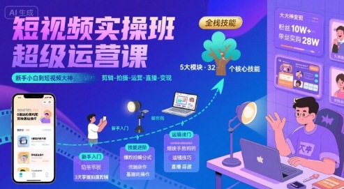短视频实操班超级运营课，新手小白到短视频大神必修课程，剪辑-拍摄-运营-直播-变现-御文网