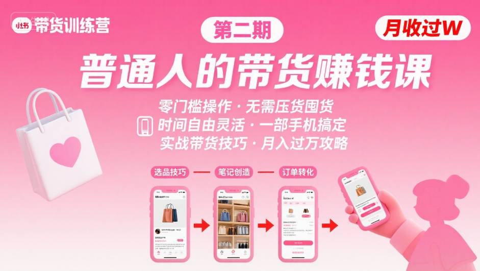 小红书带货第二期训练营，普通人月收过W的带货课，时间自由，零门槛无压货，一部手机即可操作-御文网