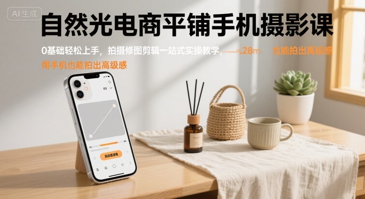 自然光电商平铺手机摄影课，0基础轻松上手，拍摄修图剪辑一站式实操教学，用手机也能拍出高级感-御文网
