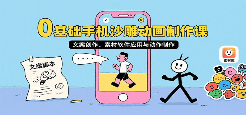 0基础手机沙雕动画制作课，文案创作、素材软件应用与动作制作-御文网