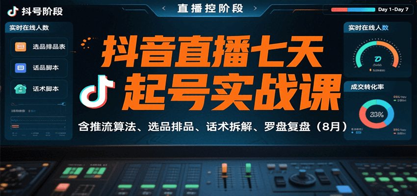 抖音直播七天起号实战课：含推流算法、选品排品、话术拆解、罗盘复盘(8月)-御文网