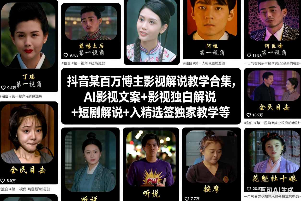 抖音某百万博主影视解说教学合集，AI影视文案+影视独白解说+短剧解说+入精选签独家教学等-御文网
