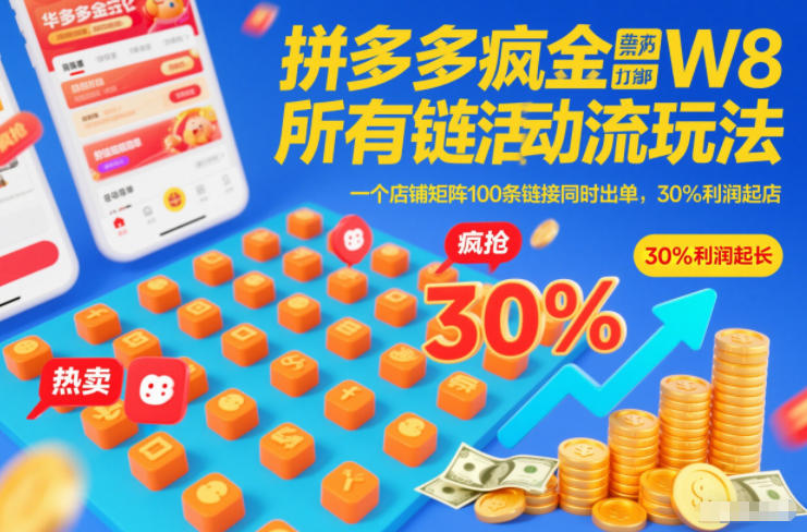 拼多多疯狂活动流玩法，所有链接全部打标，一个店铺矩阵100条链接同时出单，30%利润起店-御文网