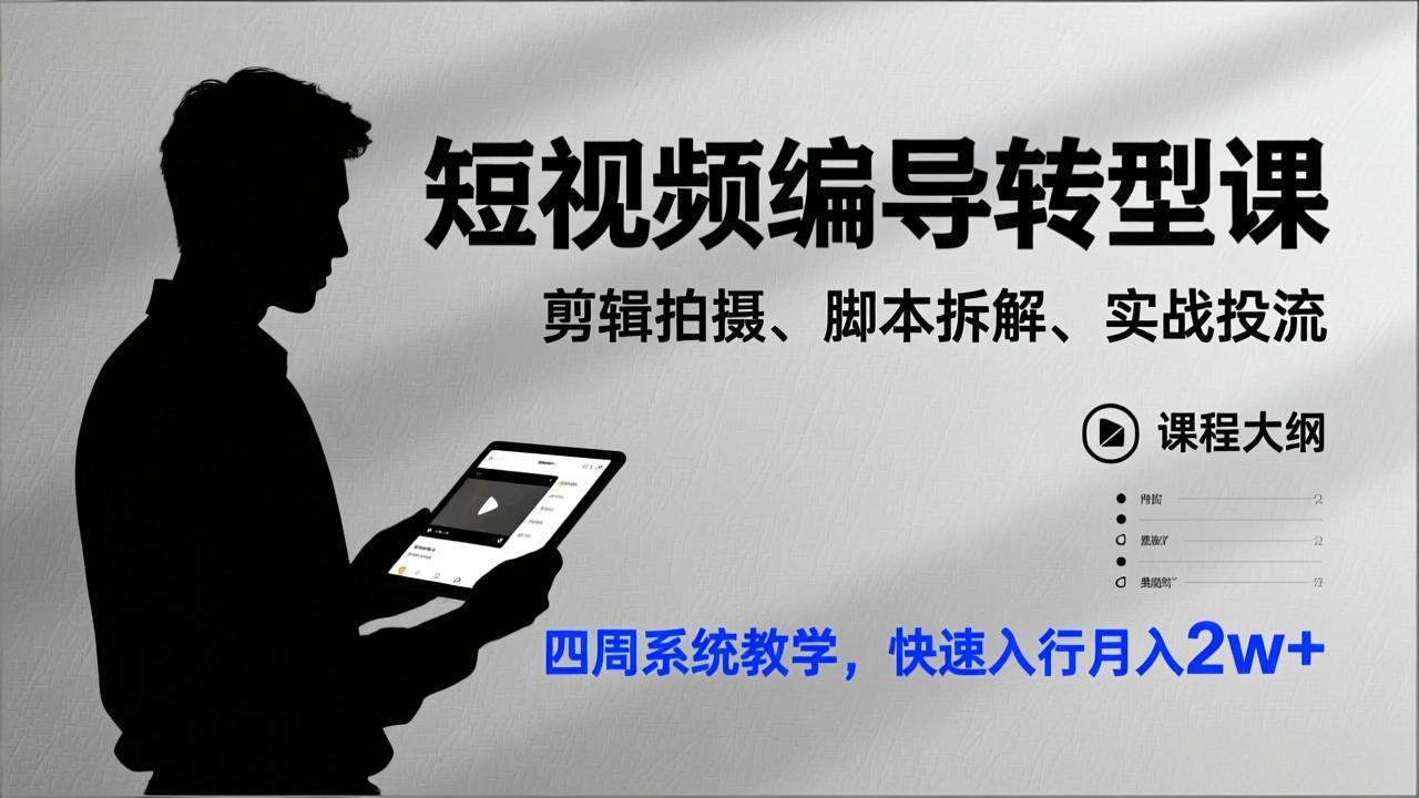 短视频编导转型课，剪辑拍摄、脚本拆解、实战投流，四周系统教学，快速入行月入2w+-御文网