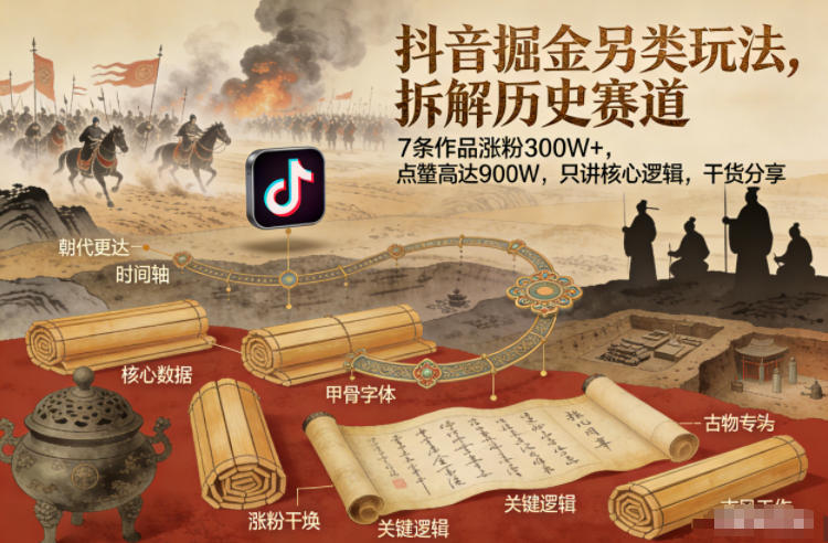 抖音掘金另类玩法，拆解历史赛道，7条作品涨粉300W+，点赞量高达900W，只讲核心逻辑，干货分享-御文网