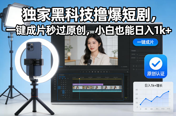 独家黑科技撸爆短剧，一键成片秒过原创，小白也能日入1k+【揭秘】-御文网