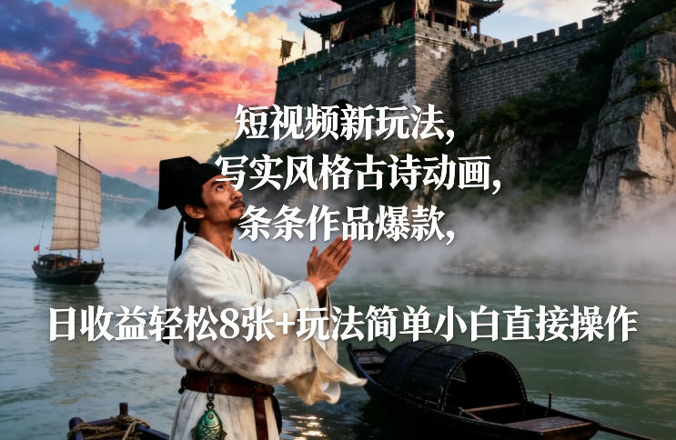 短视频新玩法，写实风格古诗动画，条条作品爆款，日收益轻松8张+玩法简单小白直接操作-御文网
